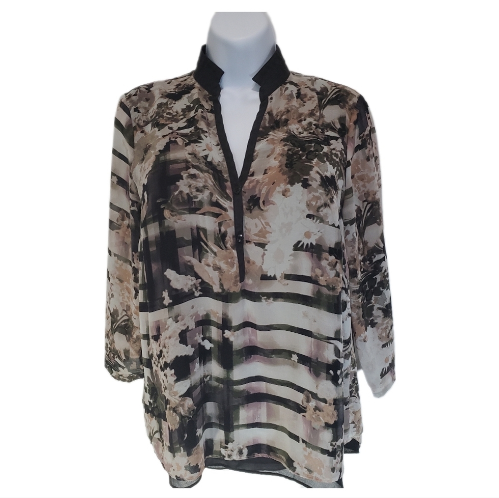 Simply Vera Vera Wang 3/4 Sleeve V-Neck Henley Print Tunic Top Blouse Size S EUC